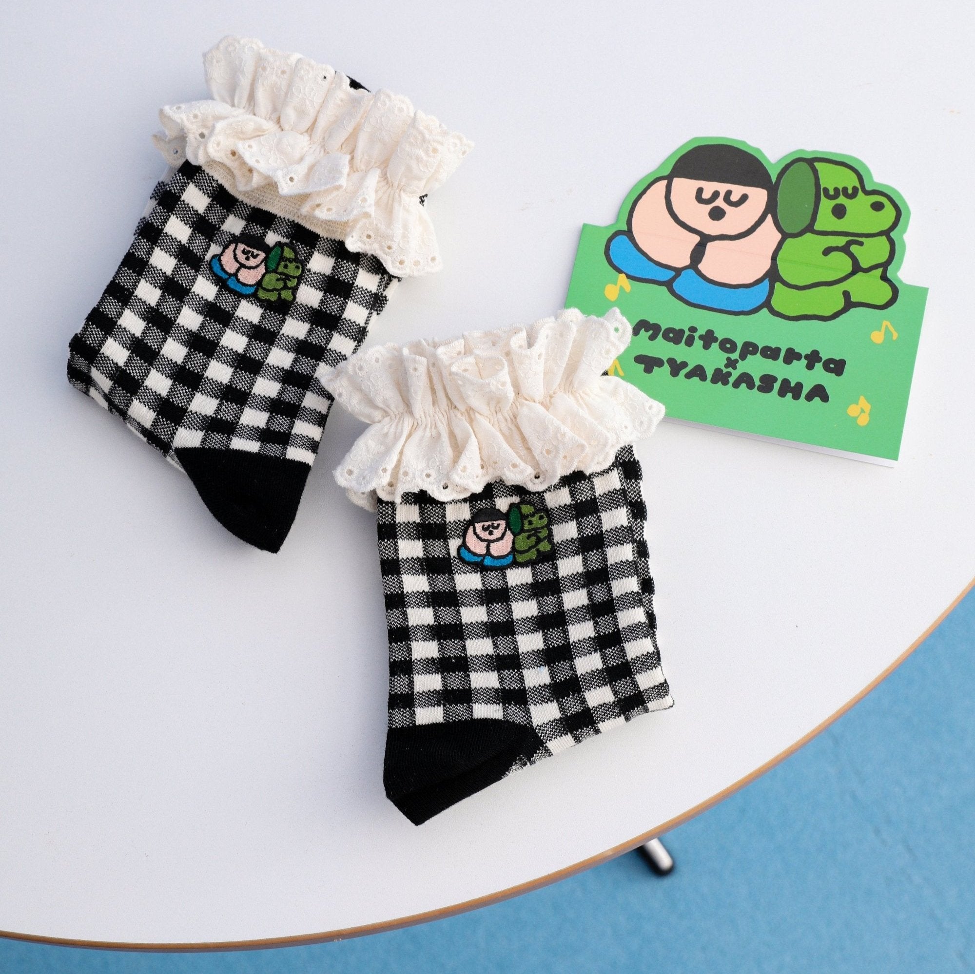 Tyakasha X Maitoparta Socks, Black and White Tartan